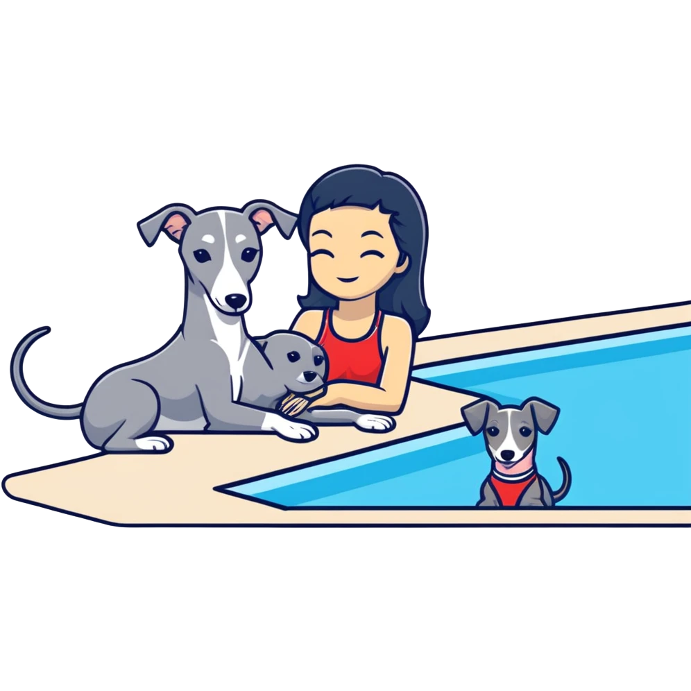 Slim Chinese woman with long black hair in appropriate pool attire relaxing by a swimming pool with her Italian greyhound that is COMPLETELY solid grey, with absolutely NO white markings anywhere, single uniform grey color throughout entire dog body emoji