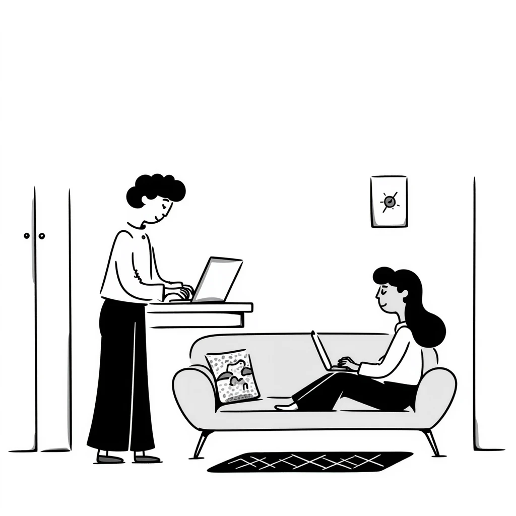 escenary 3d of a cozy mid-century living room with two people working on laptops, one man standing at a desk and one woman sitting on a couch, two walls and floor visible emoji