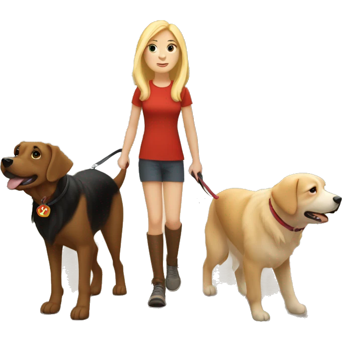 Two girls walking their dogs, one with. Blonde hair, one with brown hair, one with a red golden retriever and the other a white lab pointy nose in the woods emoji