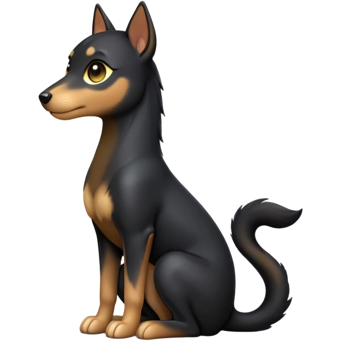 cinematic-[kelpie]-realistic-full-body-sitting-emoji,-tail-resting-loosely-beside-its-paws,-head-tilted-dramatically, -sleek-[Black and tan]-fur,-simplified-yet-realistic-focused-features,-highly-detailed,-glowing-with-an-almost-sarcastic-glow emoji