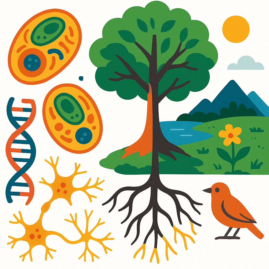 A realistic biological illustration (like in a school book) showing: DNA strands transitioning into a tree, cells with visible organelles, neurons connected to plant roots  and a balanced ecosystem background . Seamless integration, no labels or borders, complete white background (not off white!), detailed but minimalist.  emoji