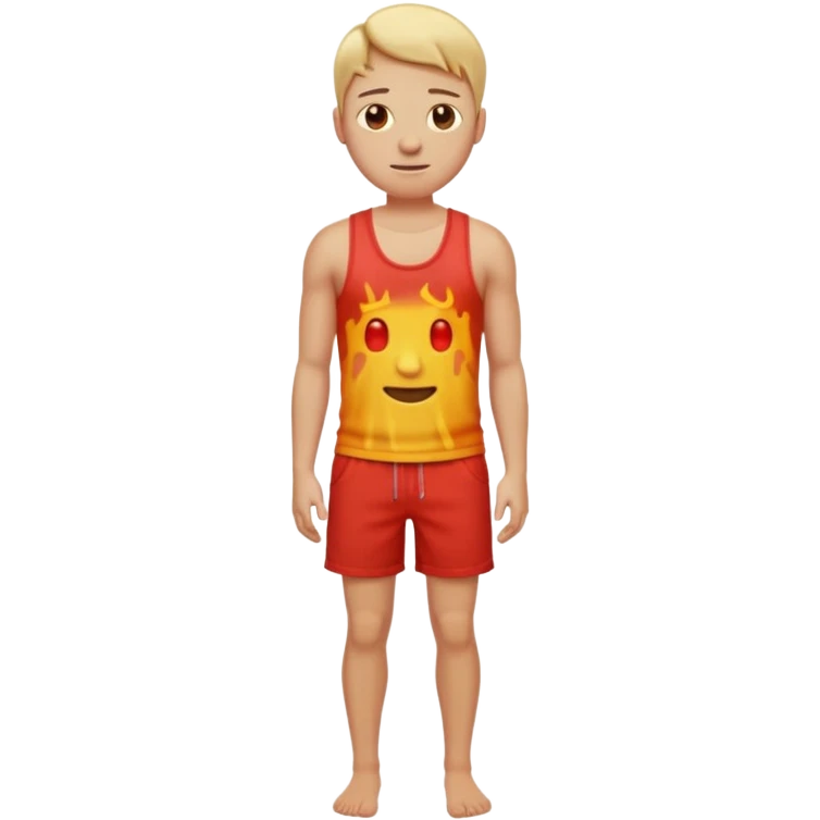 Emoji-style person standing in beach shorts, skin visibly sunburned and red on arms, legs, and face, but chest and shoulders clearly lighter with tank top tan lines. Expression shows mild pain or discomfort, cute rounded emoji design, soft 3D shading, vibrant colors emoji