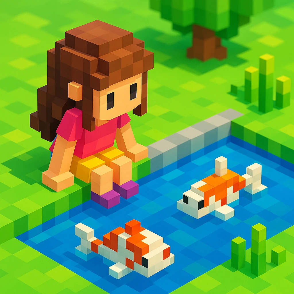 girl watching koi fish in a pond, realistic background emoji