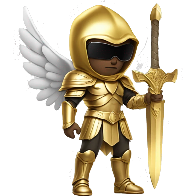 golden archangel, a guy of European appearance in black glasses, skin color light white, in full growth, with golden wings and in golden armor, in his hand a golden sword, in a golden hood emoji