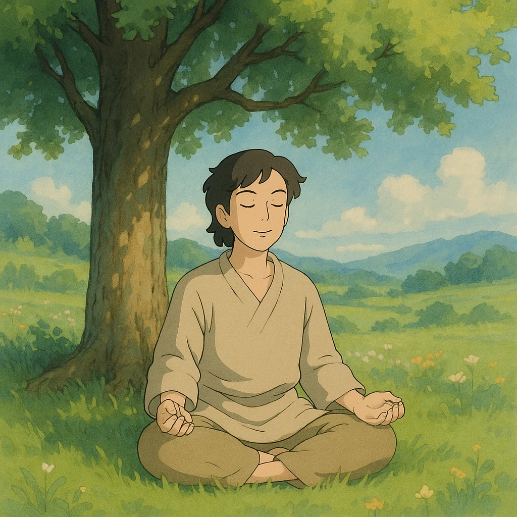 inner peace as a serene person meditating under a tree, soft colors, ghibli style emoji