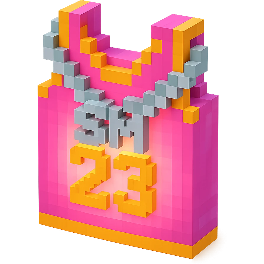 светящейся розовая баскетбольная майка с надписью "23" и серебряная цепь с надписью "SM", no background emoji