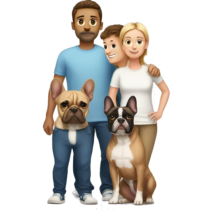 parents standing behind 3 sons and one french bulldog emoji