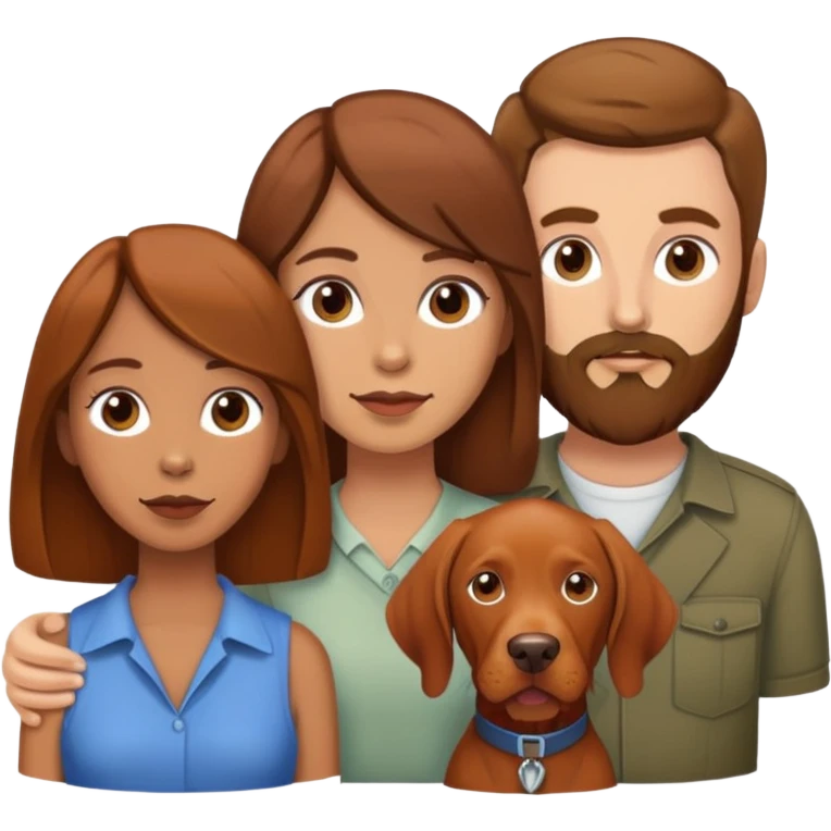Brown hair tan female and brown hair white male with beard and vizsla emoji