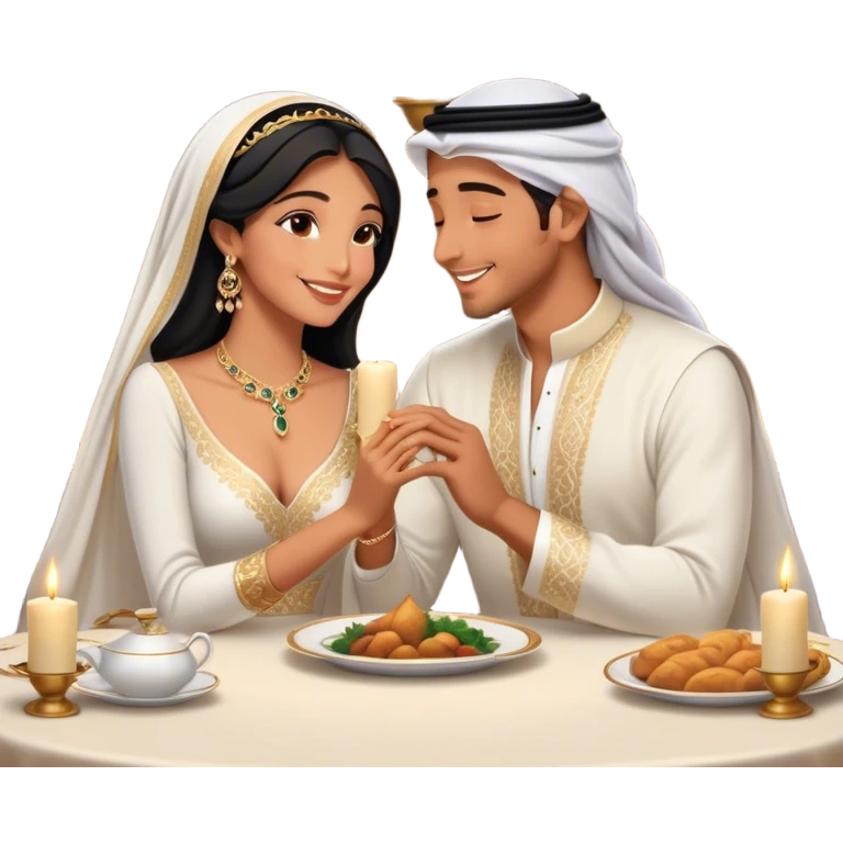 intimate moment a Arab couple at candlelit dinner. The woman, dressed in a sophisticated white gown with delicate jewelry, smiles as her partner, wearing a traditional black and gold bisht with a white ghutra, leans in to whisper or kiss her cheek. Their hands are gently intertwined on the table,M emoji