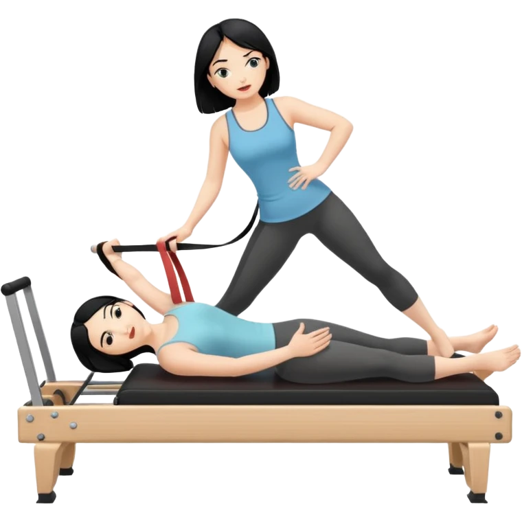 Mujer de pelo negreo haciendo pilates en un reformer con cabecero y sintas en los pies emoji