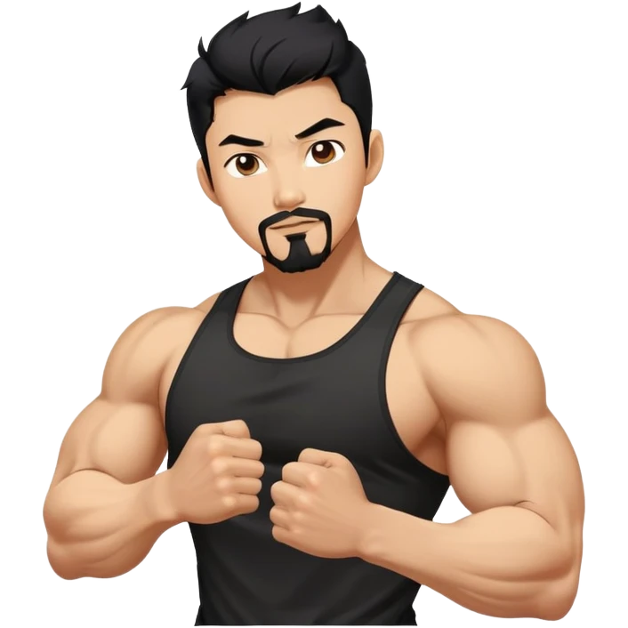 Korean Asian handsome man with black pointy hair full goatee and full body biceps emoji