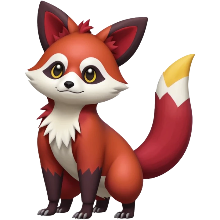 Red, brown, black, white, yellow, Zangoose-Cacomistl-Red-Panda-Rattata-Skitty-Noibat-Purrloin-Fakemon-hybrid-creature (full body) emoji