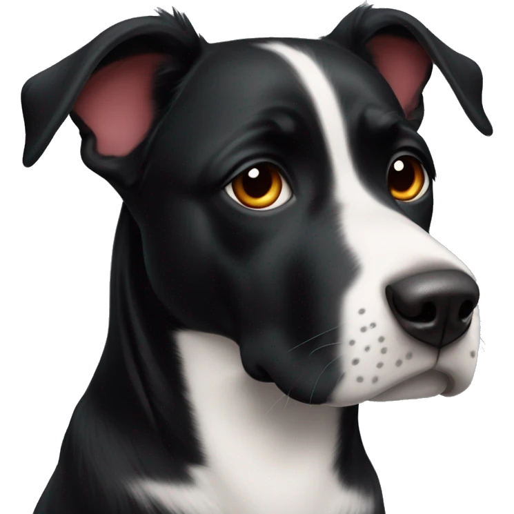 black dog with white patch, big jowls, sad puppy eyes, angel wings, red collar emoji