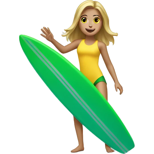 white girl surfing green yellow surf board emoji