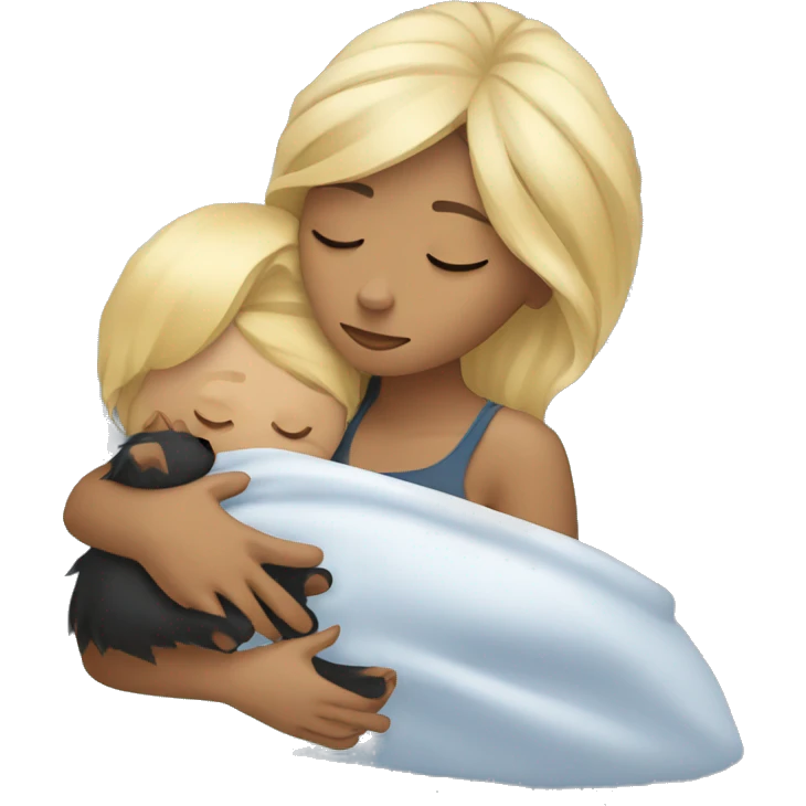 Blonde woman sleeping together with her Yorkie emoji