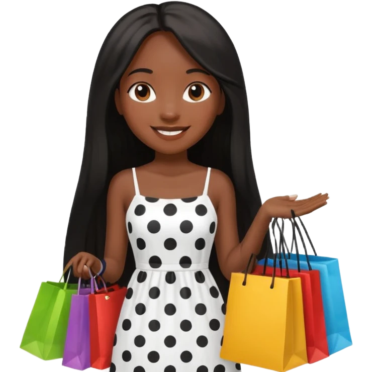 black girl with long straight hair and white dress with black dots holding shopping bags  emoji