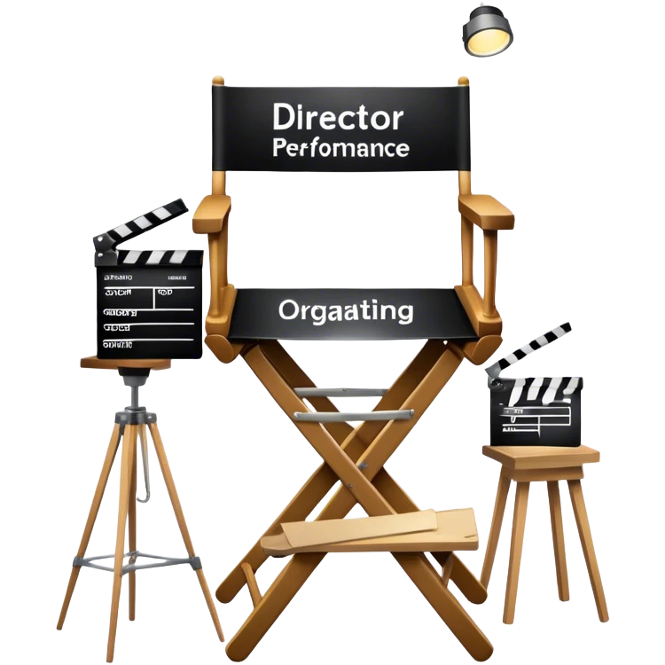 Icon for Directing: a director's chair, a film clapperboard, and a stage with a spotlight. The icon should represent the creative and organizational aspects of directing, with focus on storytelling, staging, and performance. Transparent background. emoji