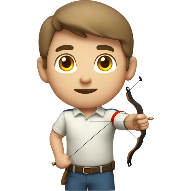 a male archer aiming with a bow looking at his target, wearing a polo shirt, brown hair, bright skin, emoji