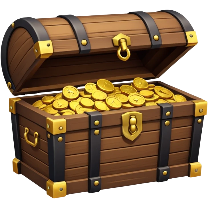 pirate treasure chest object icon, wooden chest with gold details, slightly open with coins, 3D cartoon, mobile game icon style, centered, clean background, no text, no watermark
 emoji