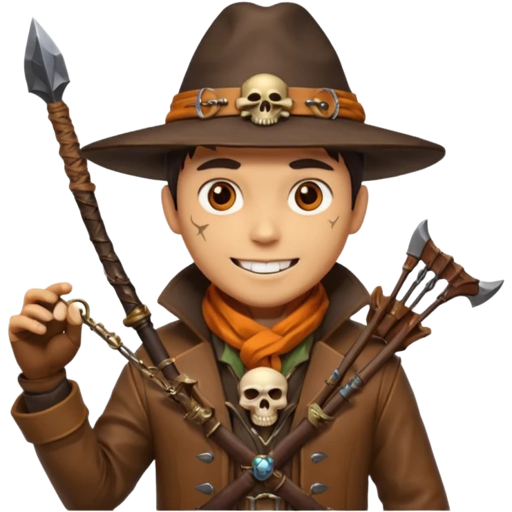 male human monster hunter emoji, wearing brown leather coat and wide hat, holding crossbow, with amulet shaped like skull, Halloween fantasy theme, confident smile, orange scarf, Apple emoji style, clean white background, square image emoji