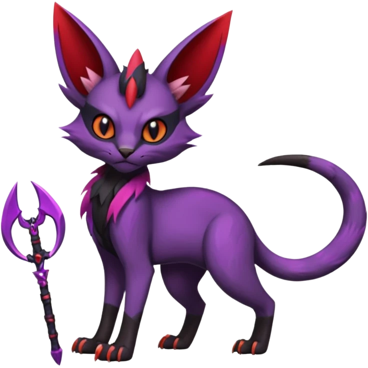 Black edgy Noivern-Noibat-Purloin-Torracat-Lykoi-Caracal-cat-Fakemon-fusion-hybrid-creature with violet and red scale markings, with a scythe-shaped blade-tail-tip emoji