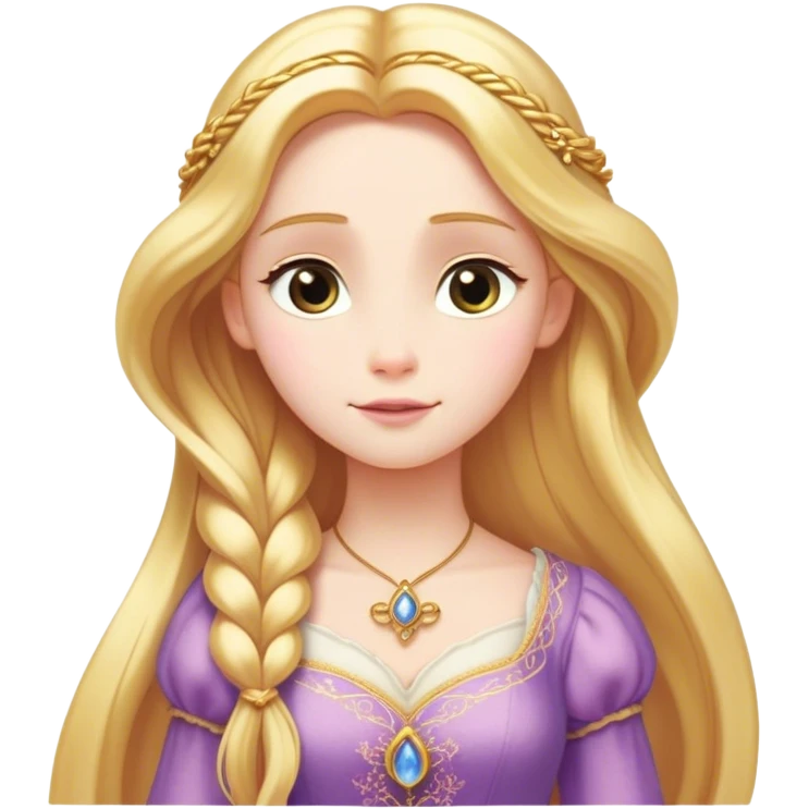 Cinematic Serene Rapunzel Portrait Emoji, rendered in a simplified vector style. Depict a gentle Rapunzel (chest and above) with delicate porcelain skin and long, shimmering golden hair, her expression calm and reflective, dressed in her traditional attire. The image is imbued with a soft, luminous glow and a subtle glowing outline. emoji
