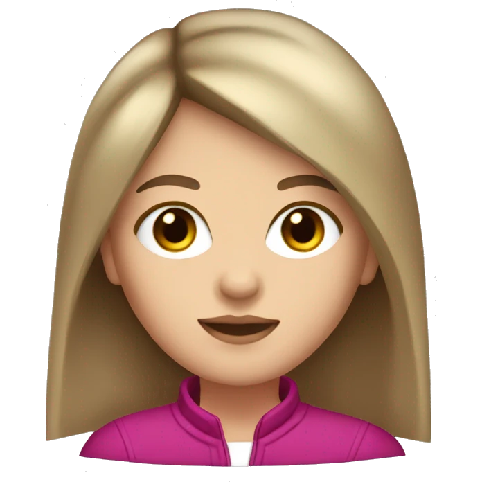 white girl with brown eyes, long straight dark brown hair, curtain bangs, and a magenta jacket emoji