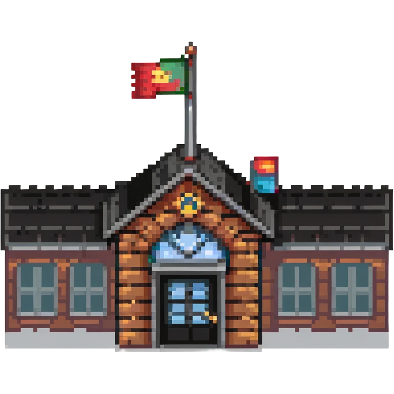 school building with classroom windows, entrance door, and flag pole emoji