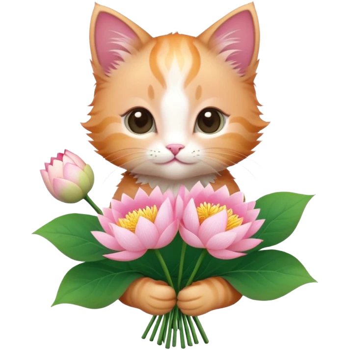Kitten holding a bouquet of lotus flowers emoji