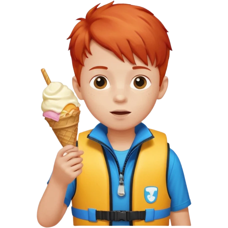 boy kid red haired wearing life jacket, eating ice cream emoji