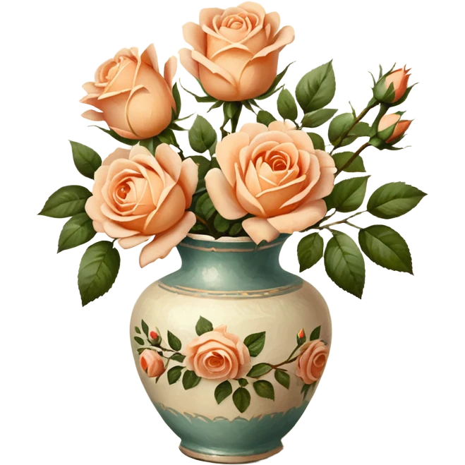 Oil painting of light peach roses in vintage vas, brushstrokes emoji