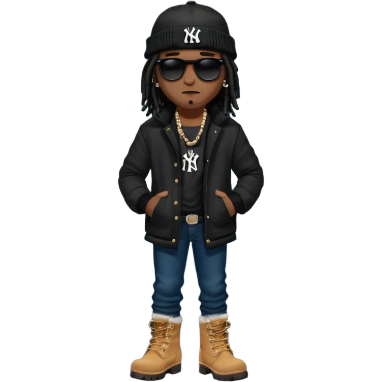 African American man with shoulder length black dreadlocks with black bead wearing black sunglasses with wearing denim skinny jeans wearing black bubble winter coat wearing black New York Yankees baseball hat and  timberland boots with arms folded emoji