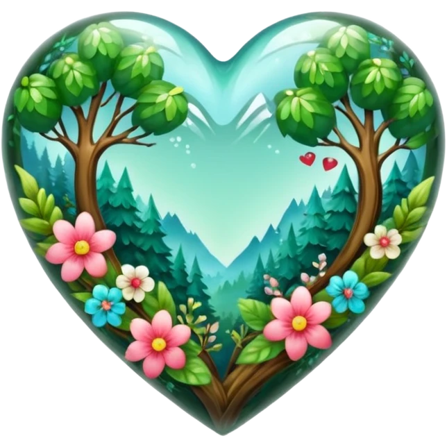 crystal heart with forest inside and floral decoration around emoji