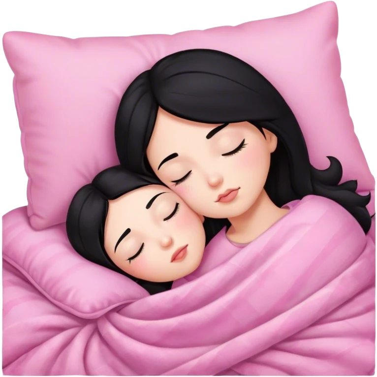 Girl with fair skin black hair sleeping on pink pillow and blanket emoji