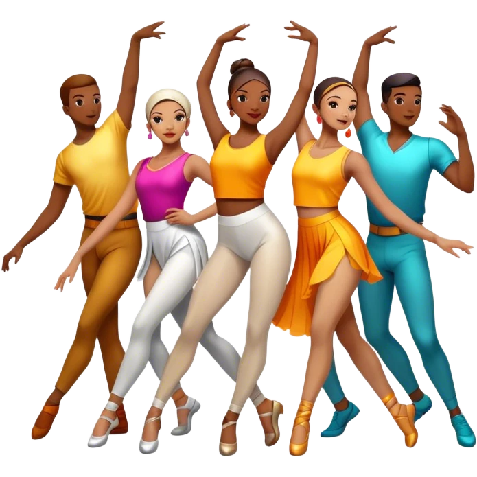 Icon for Contemporary Dance: a synchronized guys and girls group performance on stage with backup dancers in bright, modern outfits and dynamic lighting. The icon should capture the energy and coordination of a dance routine, with a focus on movement and stage presence. Transparent background. emoji