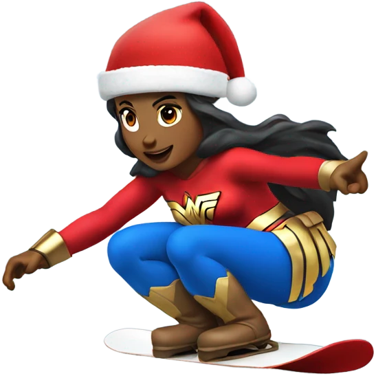 Wonder Woman on snowboard wearing a Santa Claus hat emoji