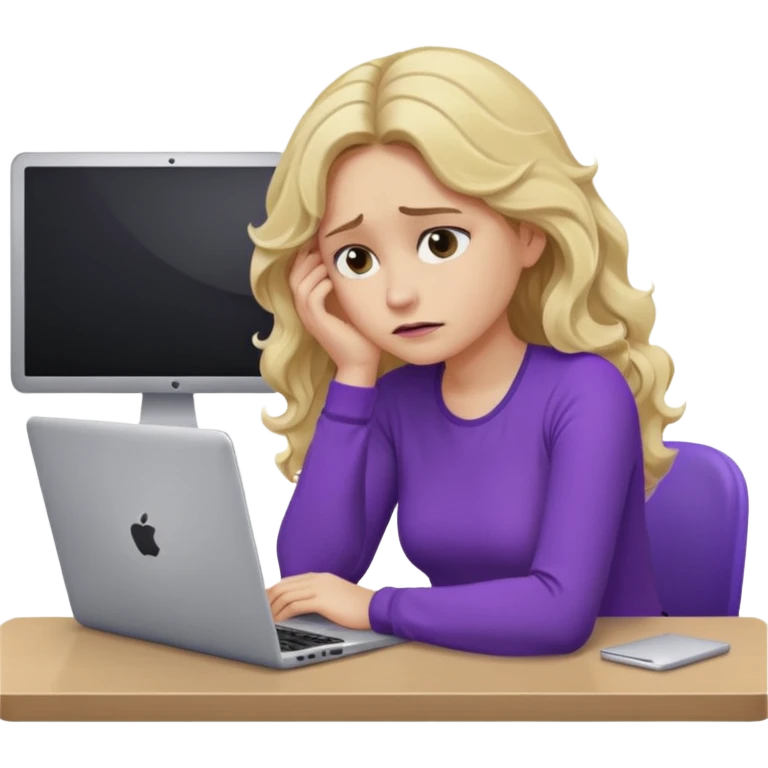 lady with long blonde wavy hair, purple top, one elbow one desk hand on face with a laptop looking defeated emoji