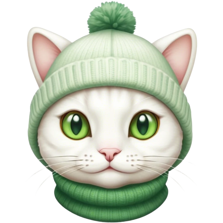 white cat wearing a winter style frog hat with eyes emoji
