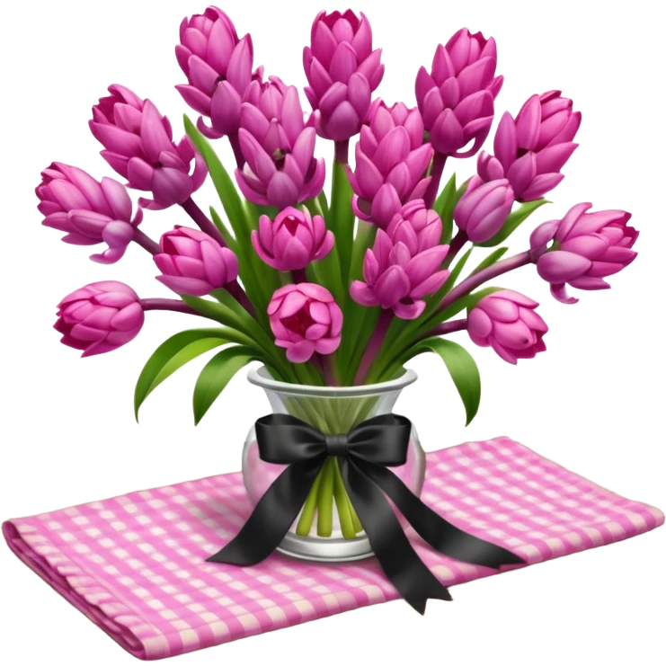 A lush bouquet of bright pink color Hyacinths black satin ribbon, resting on an antique wooden table, with a pale yellow and pink plaid pattern table cloth emoji
