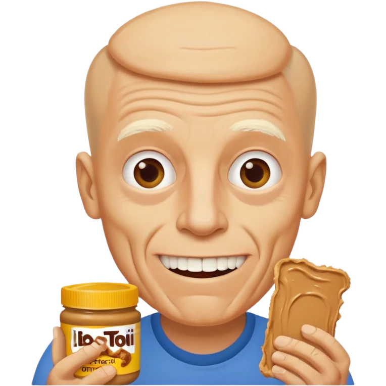 White man, barely any hair, lots and lots of wrinkles, bad yellow teeth, and peanut butter emoji