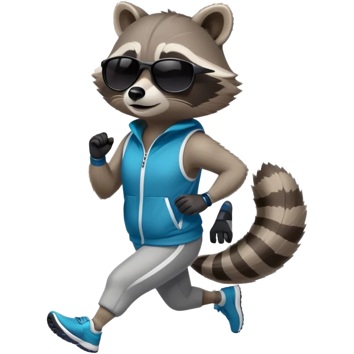 friendly anthropomorphised raccoon in sports wear, wearing dark sunglasses, jogging upright in relaxed pose emoji