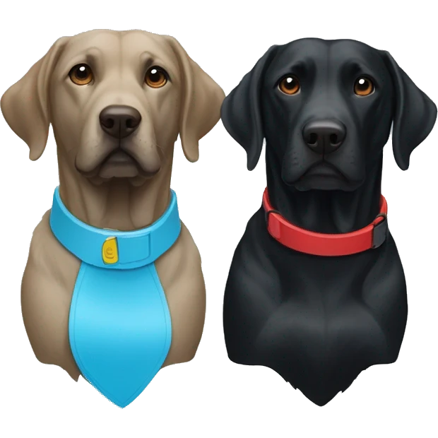 two dogs looking to the right. both black labradors, one with a red colour and the other with a light blue collar emoji