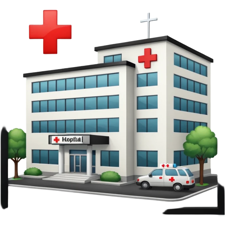 hospital outside, with text hospital and red cross emoji