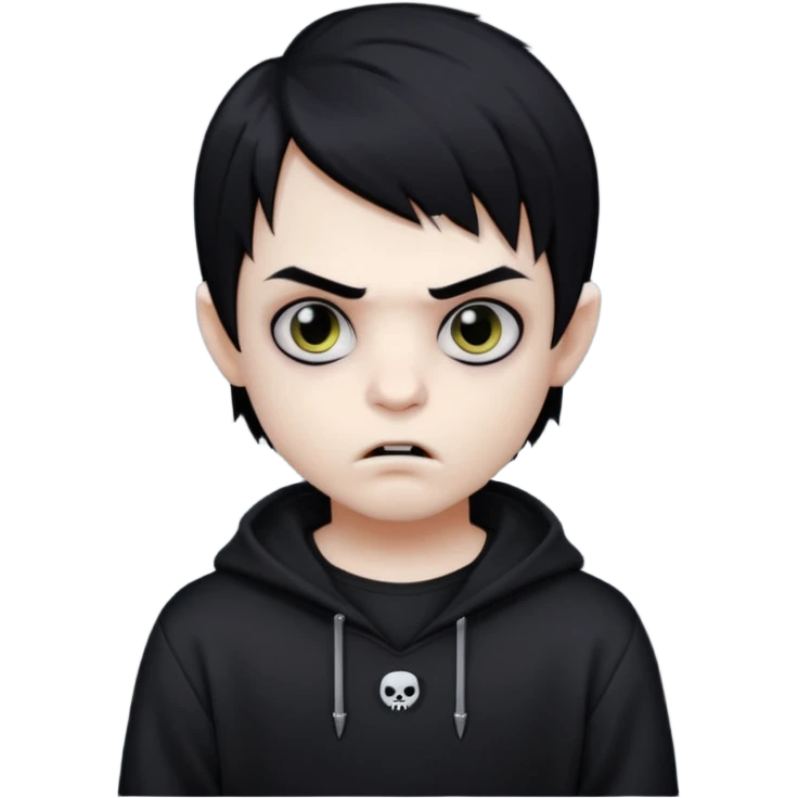 Vampire boy with the black emo hair, pale-white skin, black eyes, little fangs and dark circles under his eyes. He has serious face and he wear a black oversize sweatshot emoji