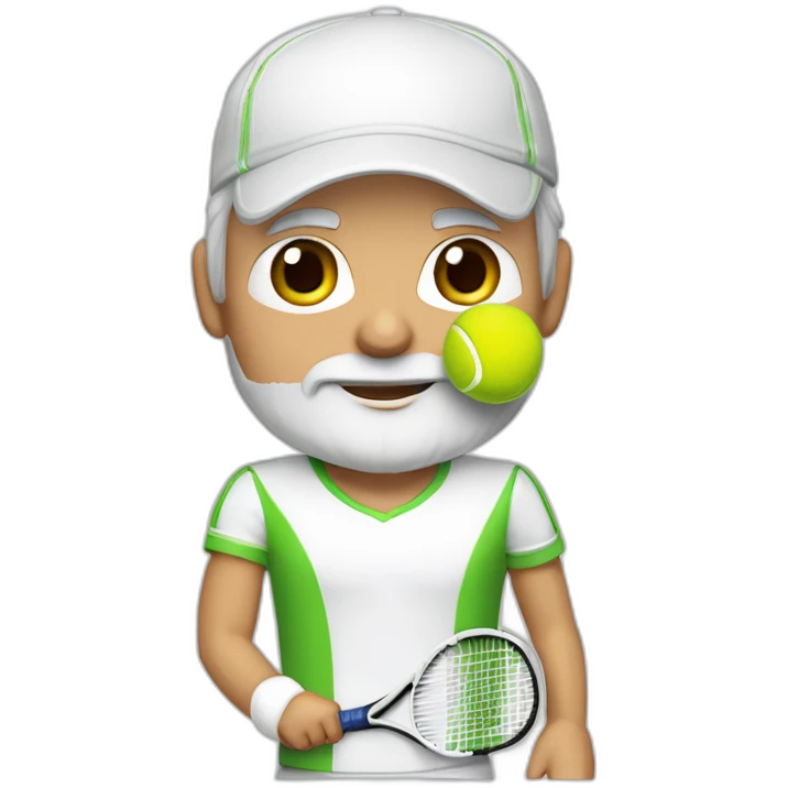Tennisplayer white-male in his 50s,Green-eyes, gray-hear, white-beard, white cap and white-shirt with tennis-raquet and tennis-ball emoji