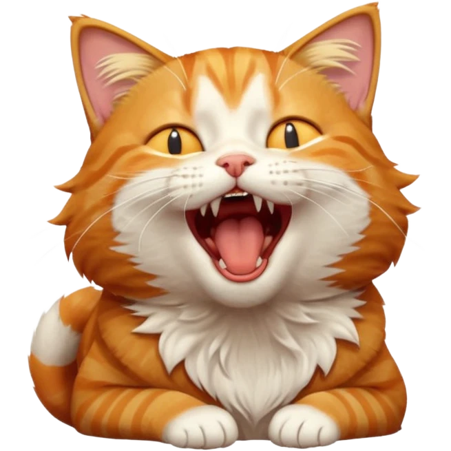A high-resolution photo-realistic digital illustration of a ginger tabby cat head tilted yawning, chest upward emoji
