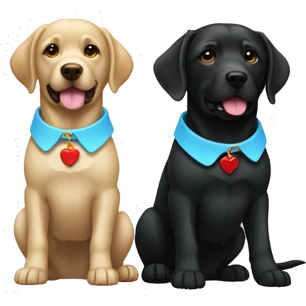 2 labradors. both black. one with a light blue collar, one with red collar. emoji