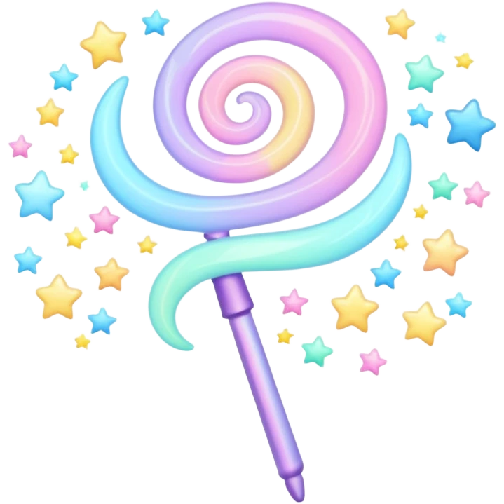Cinematic cute magical wand, pastel swirls of color, tiny twinkling stars floating around, glowing softly, chubby rounded edges, whimsical and dreamy. emoji
