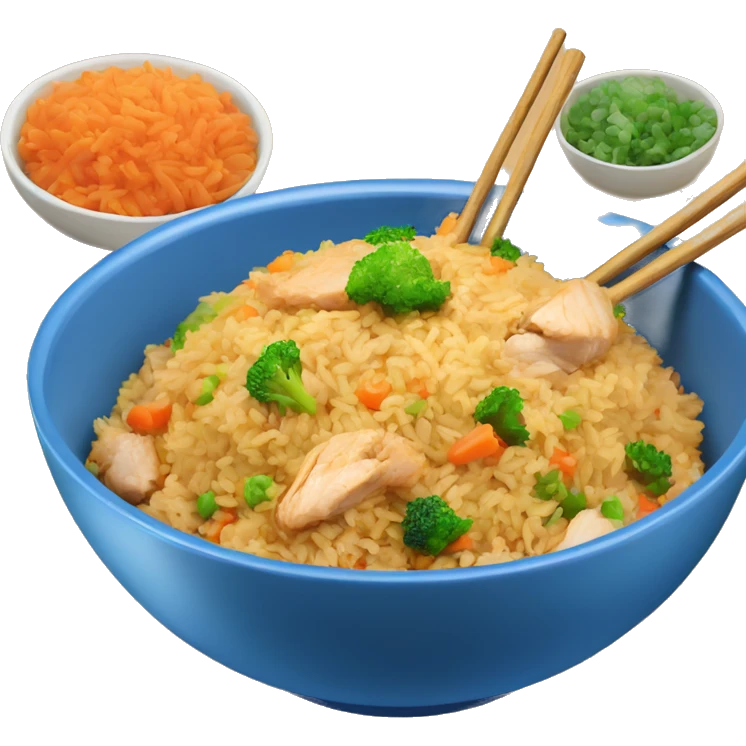 Fried rice with chicken and vegetables in a blue bowl emoji