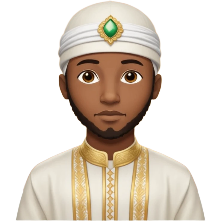 Muslim Black man of West African origin, deep brown skin, dressed in a white bazin riche with embroidery, kufi cap, standing in a warm sunset atmosphere, calm and spiritual look, photo realistic, cinematic lighting, 4K, high detail. emoji